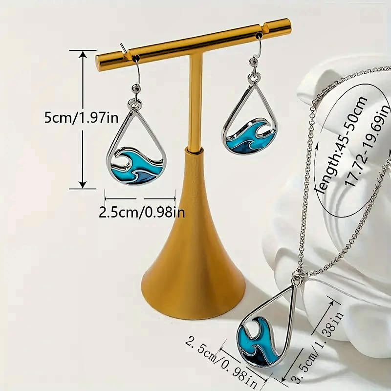 Ocean Wave Pendant Necklace, Silver Chain, Blue Enamel Design, Teardrop Shape