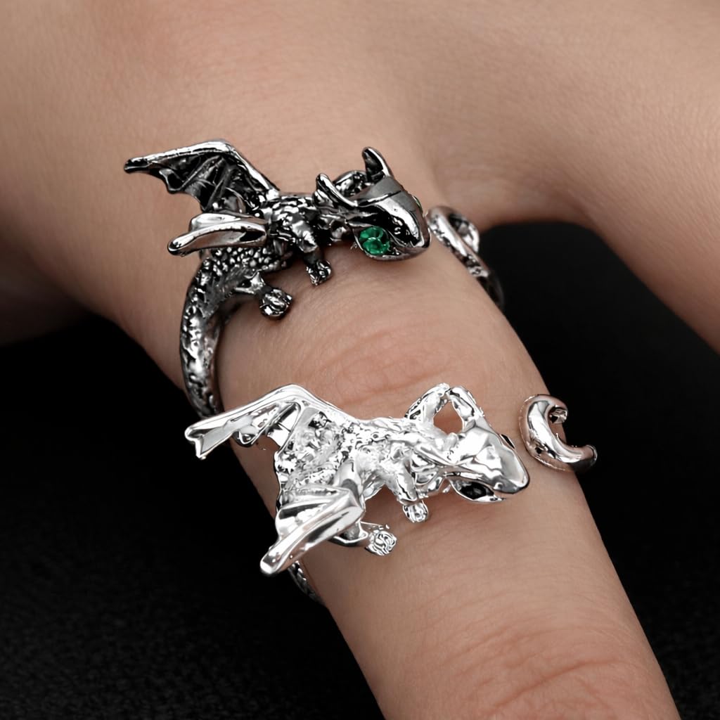 SUPAC Whimsical Silver Flying Dragon Ring - Unique Animal Shape Design, Adjustable Index Finger Ring for Men or Women, Cute Personality Statement Jewelry, Niche Fashion Accessory