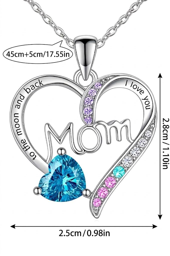 SUPAC Heart Mom Necklace, Sterling Silver Crystal Pendant with Pink Heart Stone, I Love You to the Moon and Back - Mother's Day Gift