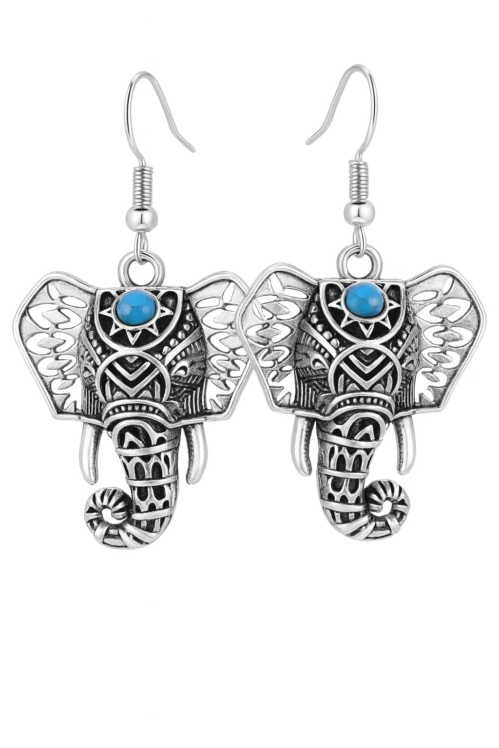 SUPAC Elephant Necklace, Silver Design - Elephant Lovers' Gift - Adjustable Vintage Ring with Turquoise Inlay – Unisex Boho Style Alloy Jewelry for Everyday & Party (Earrings)