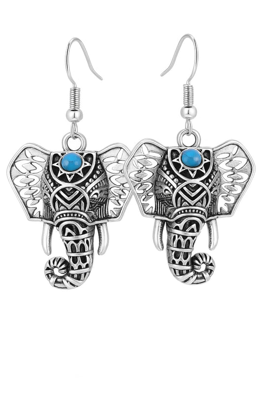 SUPAC Elephant Necklace, Silver Design - Elephant Lovers' Gift - Adjustable Vintage Ring with Turquoise Inlay – Unisex Boho Style Alloy Jewelry for Everyday & Party (Earrings)