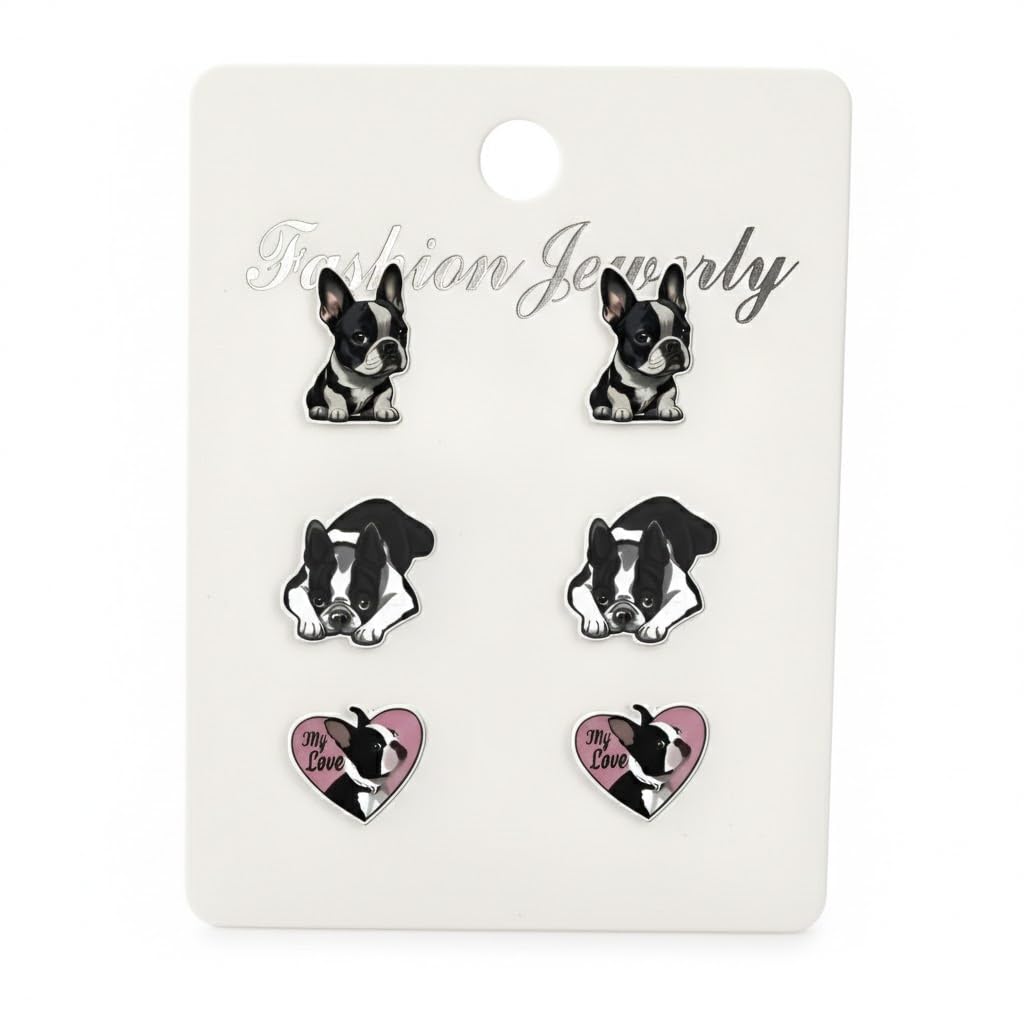 Boston Terrier Stud Earrings Set, Black and White Dog Design with Heart Charm, 3 Pairs