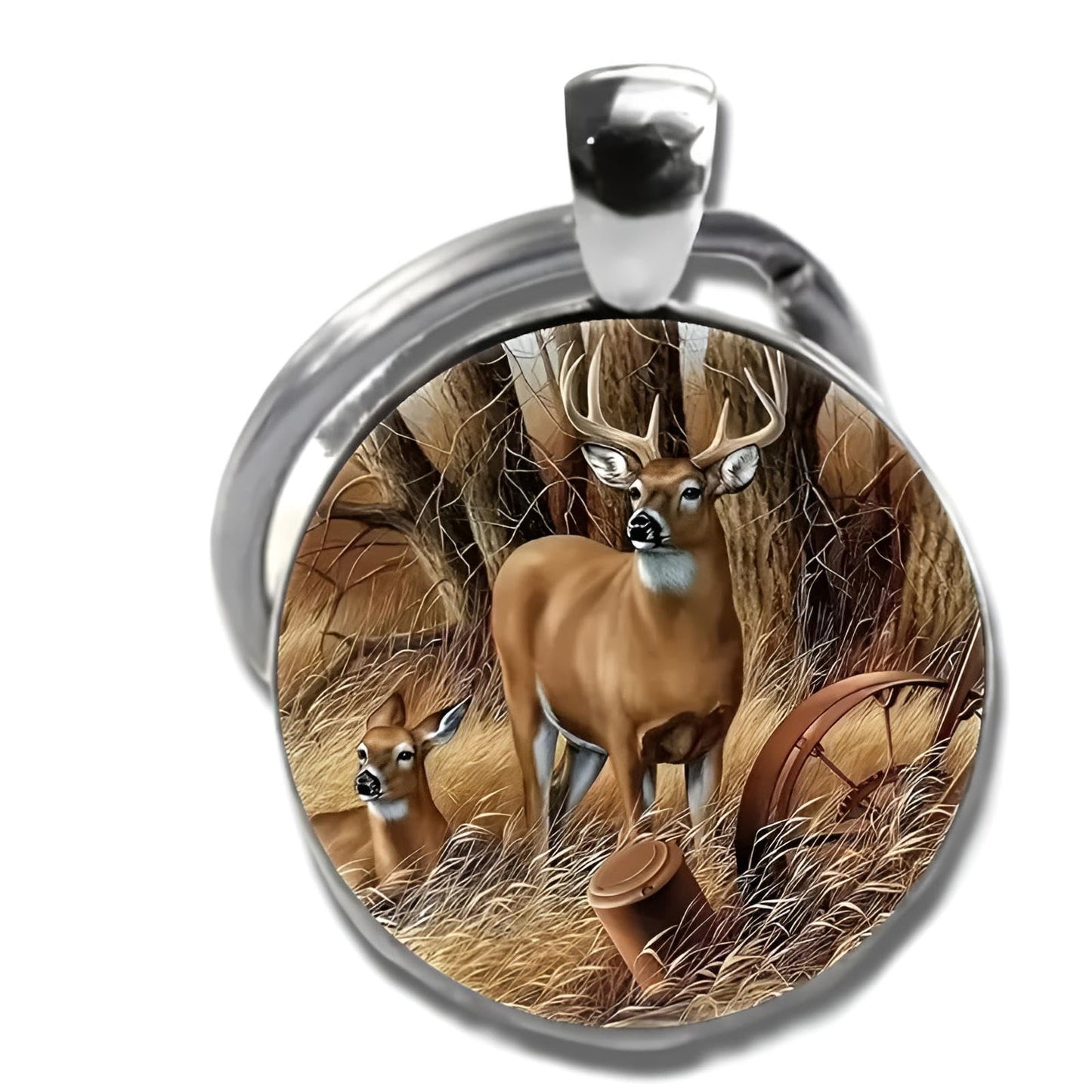 Mountain Sunset Stained Glass Art Keychain, Nature Scene Design, Round Pendant (White-tailed Deer)
