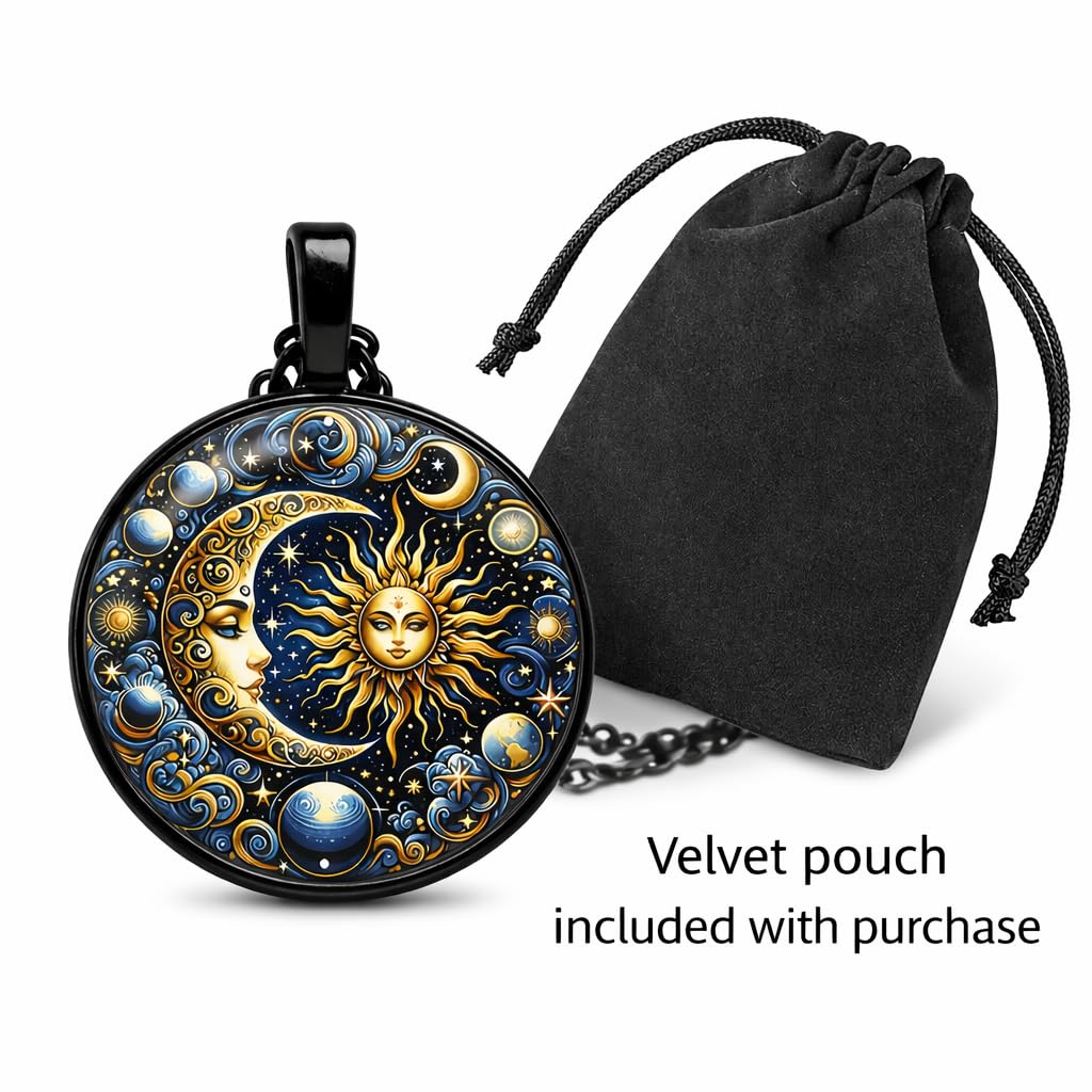Celestial Sun and Moon Pendant Necklace, Mystical Galaxy Design, Black and Gold, 45cm Chain with 5cm Extension, 2.5cm Round Medallion