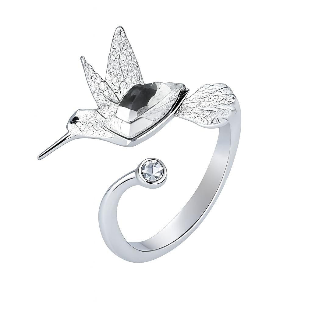Stainless Steel Hummingbird Ring with Enamel Flowers, Adjustable, Turquoise and Purple
