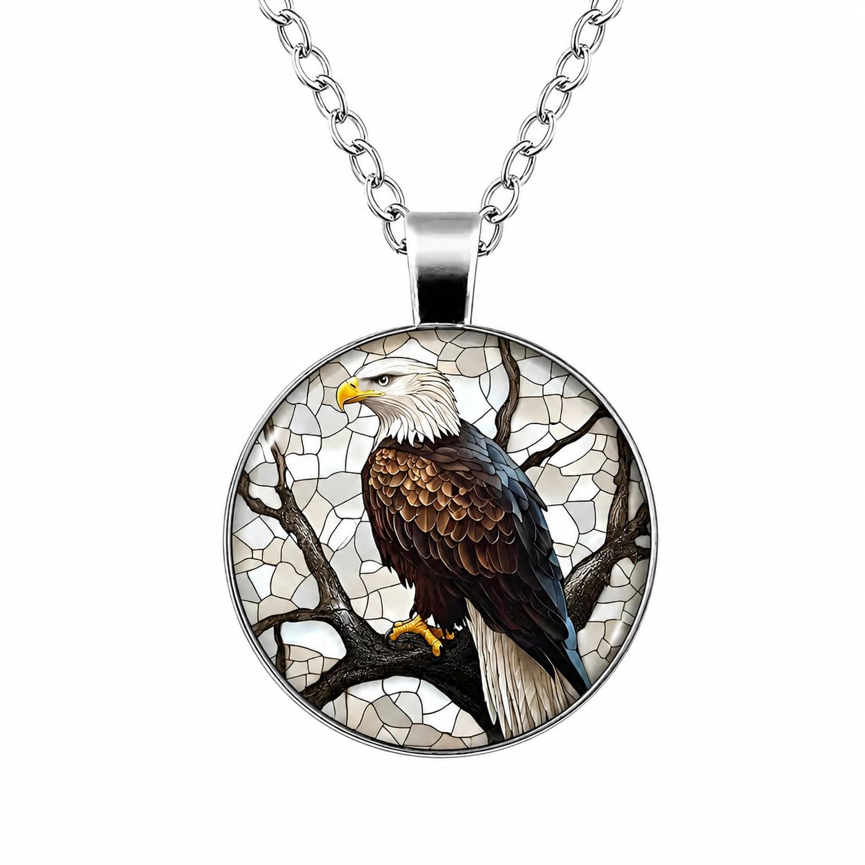 SUPAC Bald Eagle Glass Pendant Necklace, 1.38 inch Oval Medallion, 17.7 inch Chain - Eagle Necklace Gift