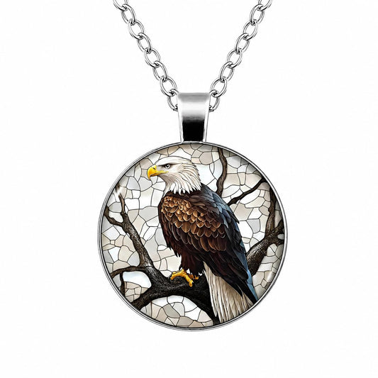 SUPAC Bald Eagle Glass Pendant Necklace, 1.38 inch Oval Medallion, 17.7 inch Chain - Eagle Necklace Gift
