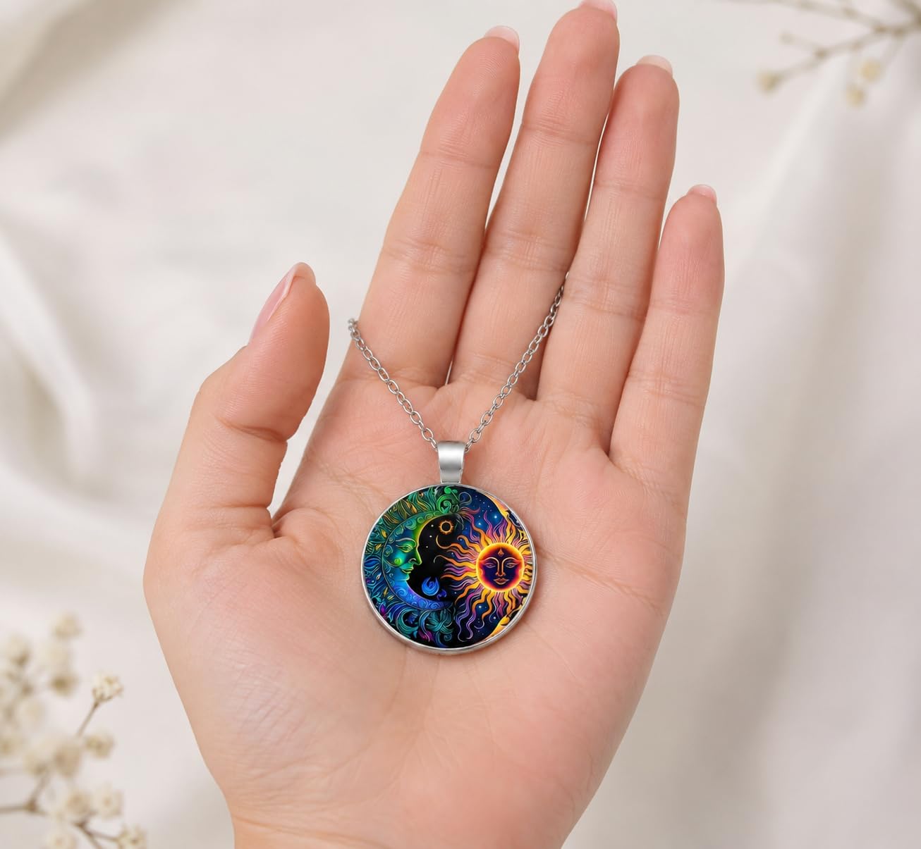 1pc Stunning Round Pendant Necklace - Unique Sun & Moon Pattern, Oil Painting Style Glass Mosaic, Alloy Construction, Trendy Sweater Chain, Fashionable Gift for Women - Christmas or Birthday Gift