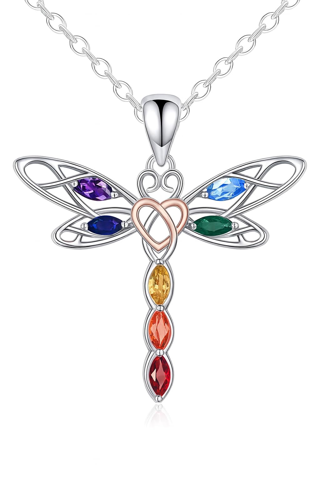 SUPAC Stainless Steel Dragonfly Pendant Necklace, Multi-Color Crystal Wings, Celtic Heart Design - Dragonfly Gift