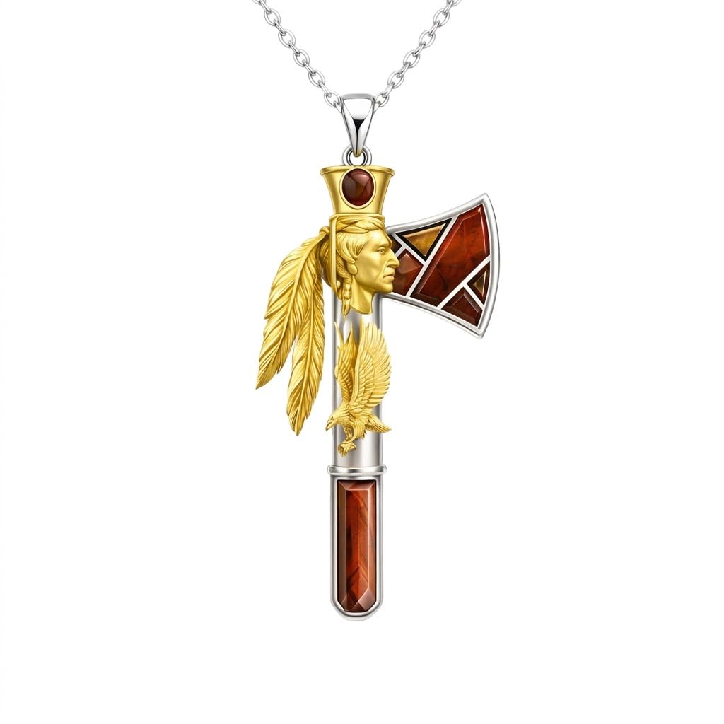 Indian Axe Pendant Necklace, Native American Wolf Design, Stainless Steel Chain