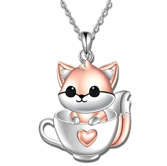 SUPAC Charming Fox in a Coffee Mug Pendant Necklace - Sparkling White, Golden Plated, Alloy & Resin