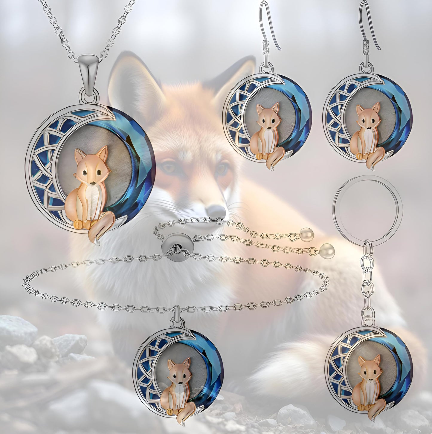 SUPAC Fox Pendant Jewelry Set, Silver Chain Necklace and Earrings, Blue Crystal Moon Design - Fox Jewelry Gift