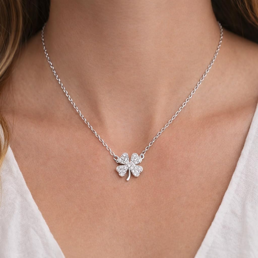 SUPAC Four-Leaf Clover Necklace with Sparkling Rhinestone Diamonds to Elevate Your Style - Silvery Four Leaf Clover Clavicle Pendant Necklace For Women