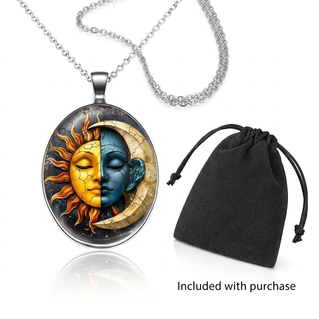 1pc Stunning Round Pendant Necklace - Unique Sun & Moon Pattern, Oil Painting Style Glass Mosaic, Alloy Construction, Trendy Sweater Chain, Fashionable Gift for Women - Christmas or Birthday Gift