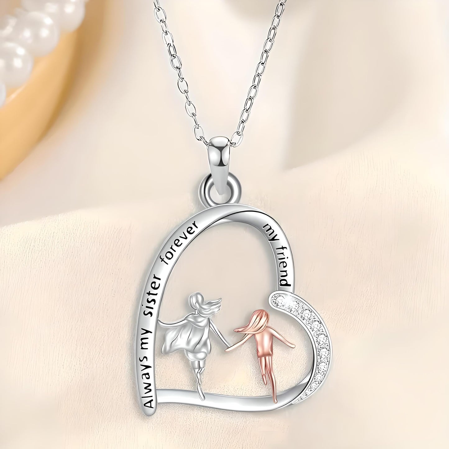 SUPAC Sister Forever Heart Necklace with Earrings Set, Silver-Tone with Clear Crystals