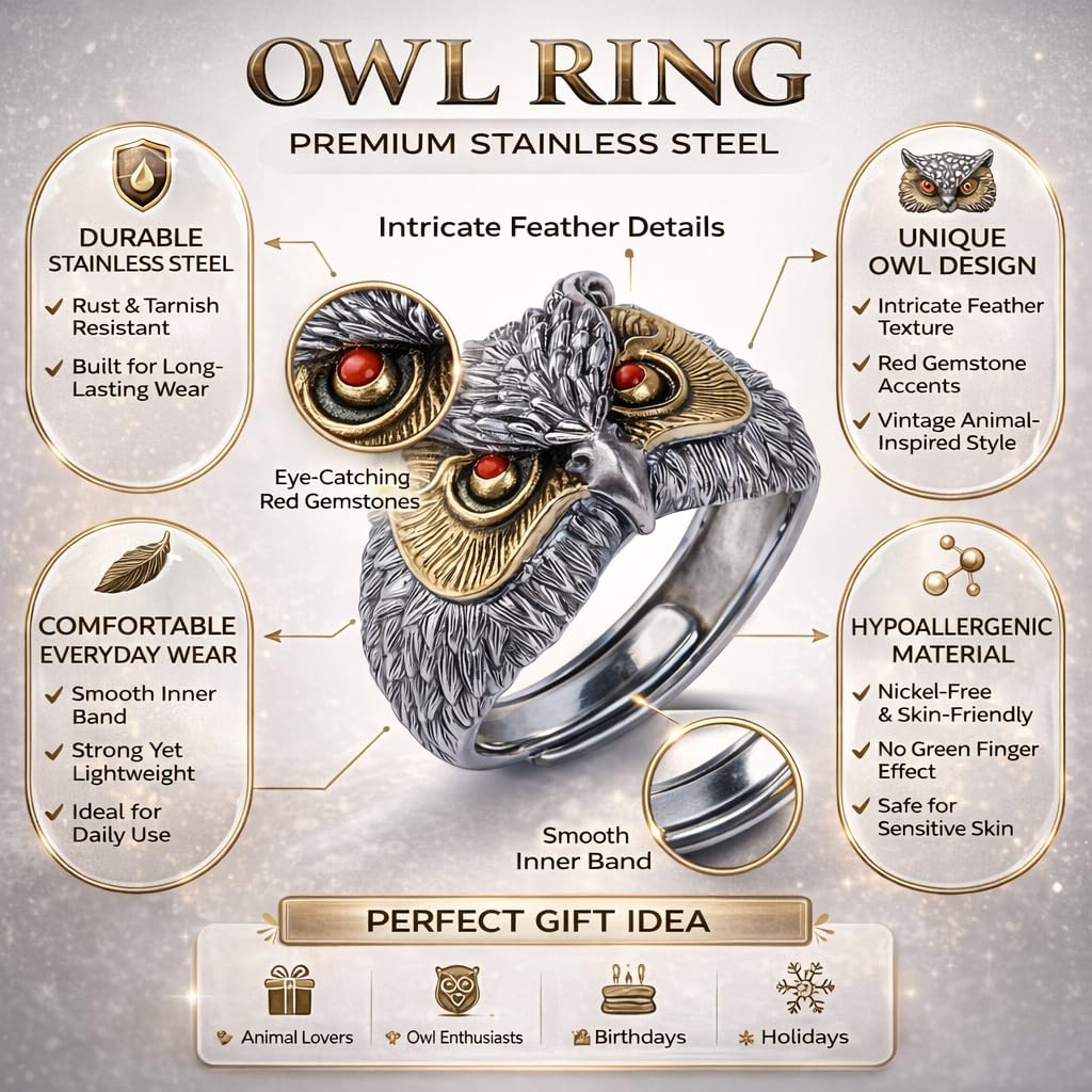 SUPAC Vintage Owl Ring with Turquoise Eyes, Two-Tone Silver and Gold Finish, Detailed Feather Design, Adjustable Size