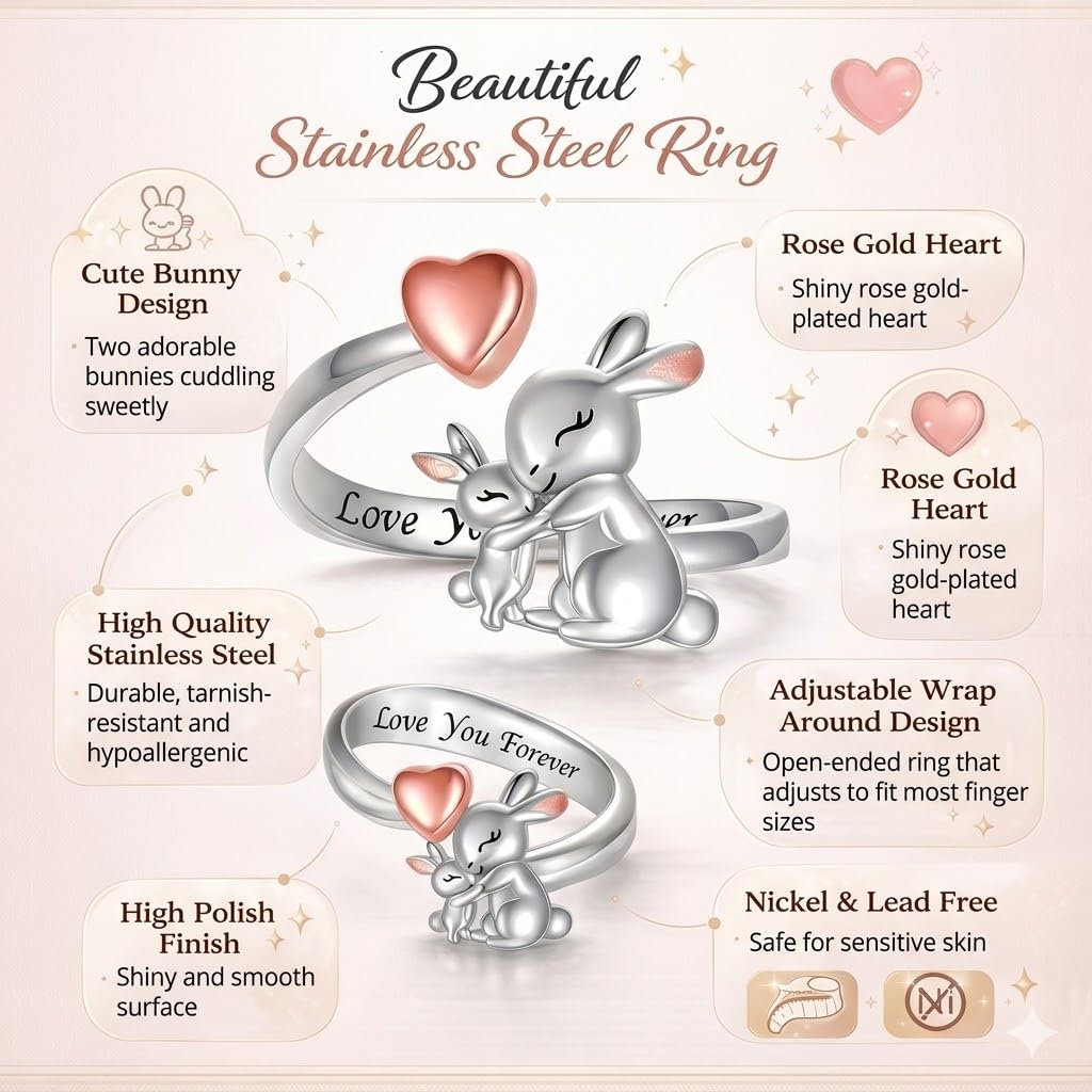 Silver Mom Daughter Adjustable Animal Ring Love Heart Animal Rings Jewelry Mother's Day Gifts for Women Wife Nana 6+ Variaitons (Rabbit)