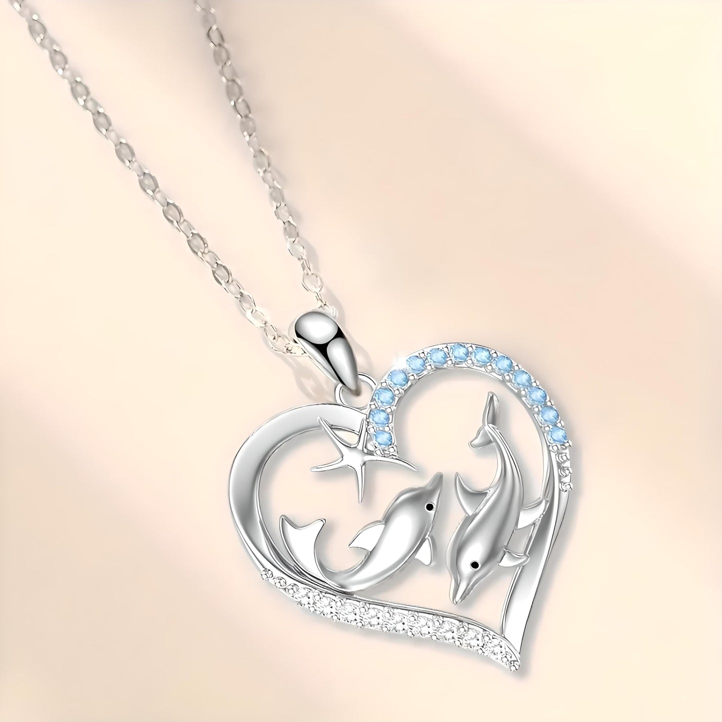 Sterling Silver Double Dolphin Pendant Necklace with Blue Crystal Hearts, Ocean Theme Jewelry