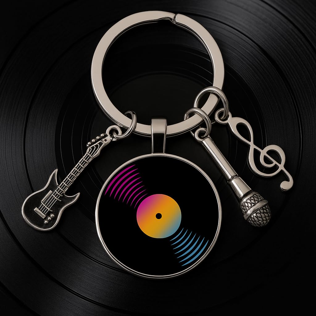 SUPAC Music Lover Keychain with Vinyl Record, Guitar, Microphone and Musical Note Charms, Music Gifts, 5 Different Color Options (Rainbow Vinyl)