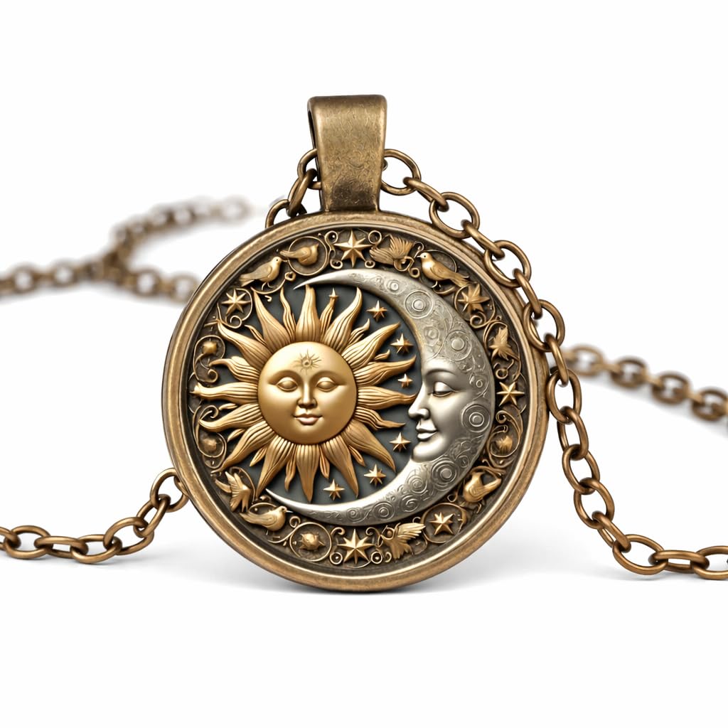 1pc Stunning Round Pendant Necklace - Unique Sun & Moon Pattern, Oil Painting Style Glass Mosaic, Alloy Construction, Trendy Sweater Chain, Fashionable Gift for Women - Christmas or Birthday Gift