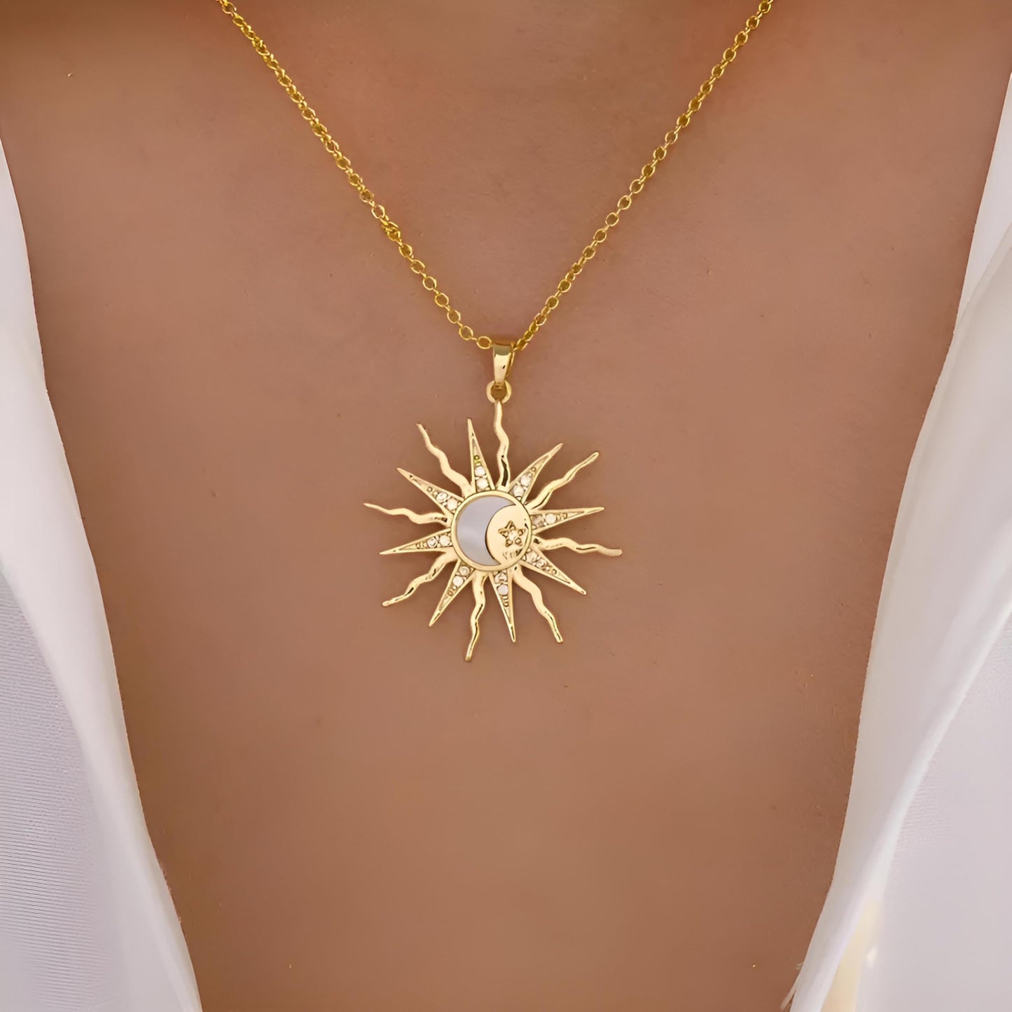 Sun and Moon Celestial Pendant Necklace, 18 Inch Gold Chain, 1.18 Inch Charm