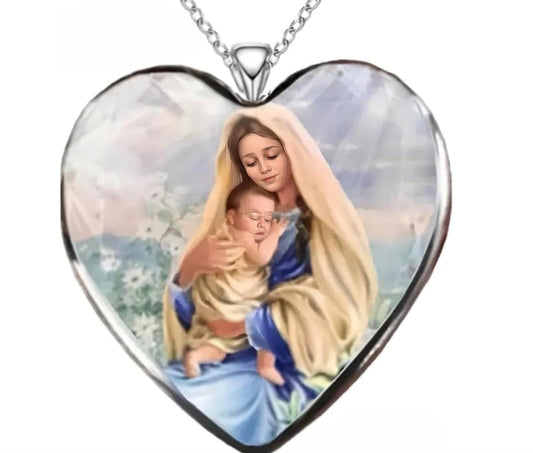 Glass Mother Mary Image with Heart Pendant Necklace, Stainless Steel Chain - Holiday, Christmas, or Birthday Gift