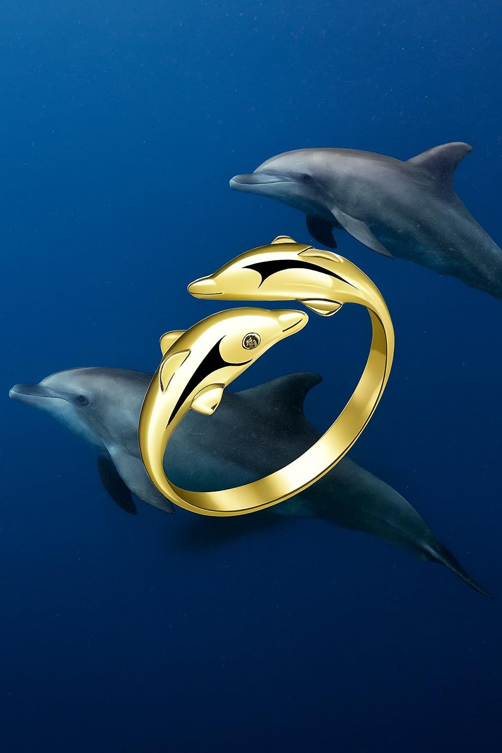 SUPAC Stainless Steel Double Dolphin Ring, Adjustable Size, 0.7 inch Inner Length - Ocean Gift
