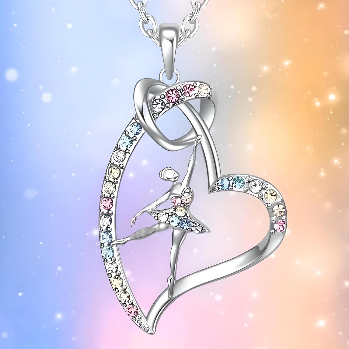 Sports Heart Necklace, 9 Different Sport Options: Basketball, Jumping Cheerleader, Gymnast, Softball, Volleyball, Ballet Ballerina, Runner, Sports Accessories Birthday Gift- Simulated Rainbow Diamonds, Christmas, Birthday or Party Gift