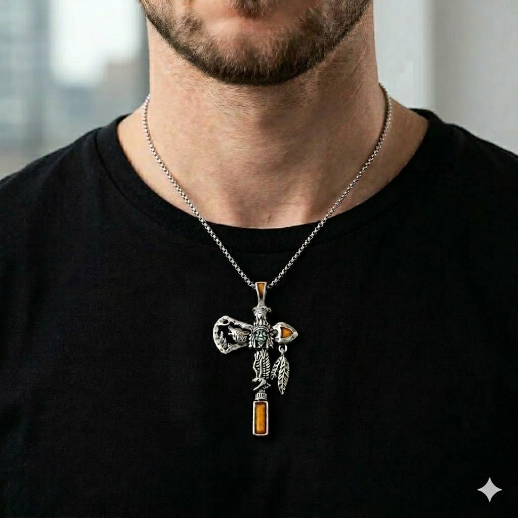 Indian Axe Pendant Necklace, Native American Wolf Design, Stainless Steel Chain
