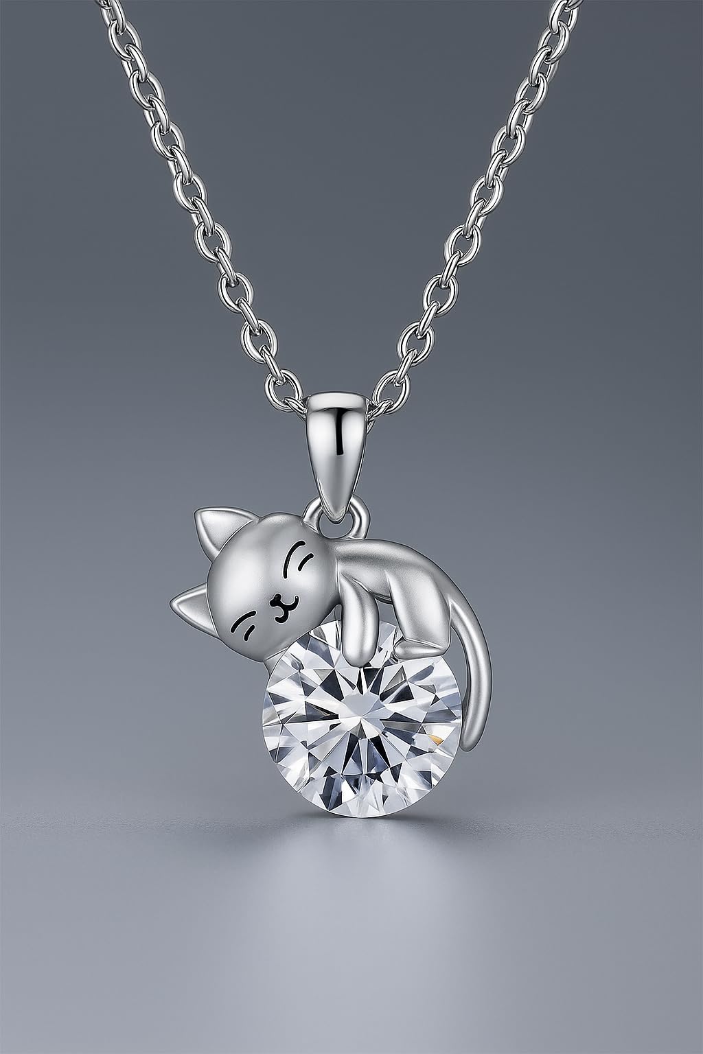 Crystal Cat Pendant Necklace, Silver Chain with Sleeping Cat Design, 17.7 inch Length