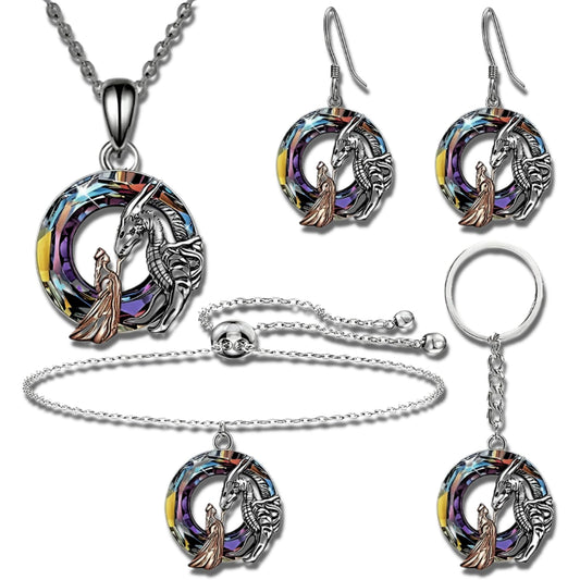 Fantasy Dragon and Maiden Jewelry Set, 4-Piece Rainbow Crystal Collection, Necklace Bracelet Earrings Keychain, Silver