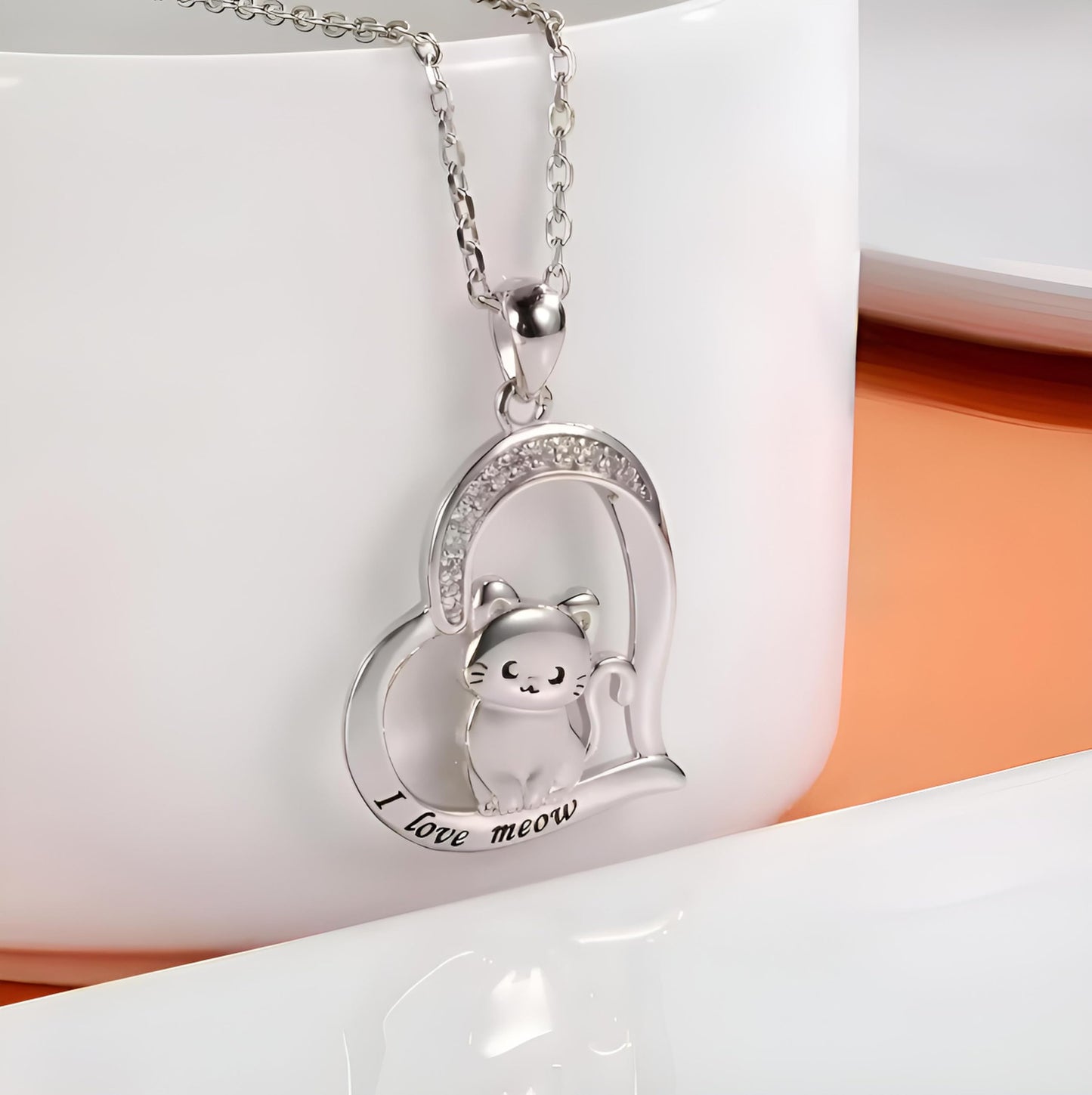 Stainless Steel Cat Moon Heart Star Flower Necklace with Crystal Pendant, 8 Designs - Cute Heart Necklace, With Black Cats, Charming in Rose Gold - Stylish Gift for Women & Party Accessory (Kitten)