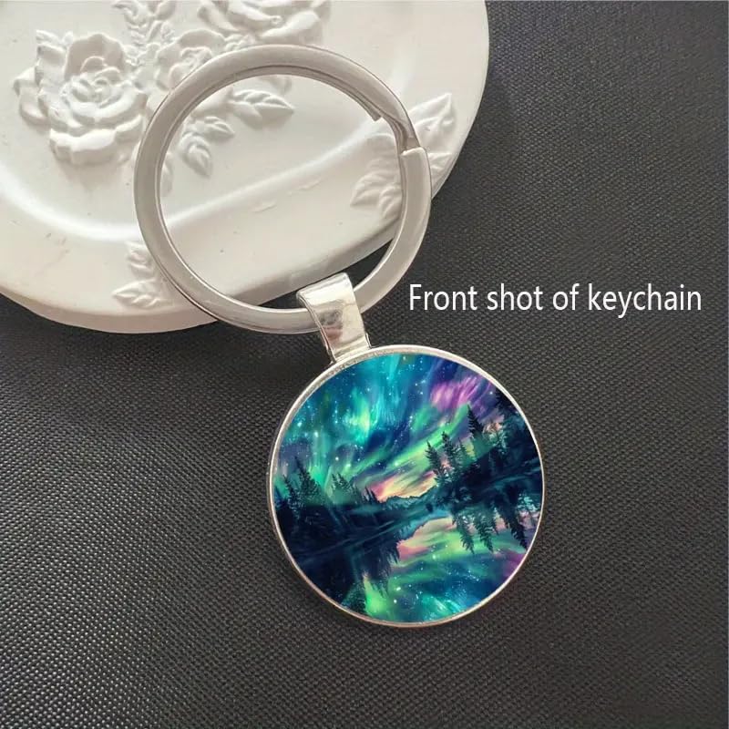 Mountain Sunset Stained Glass Art Keychain, Nature Scene Design, Round Pendant (Aurora Borealis)