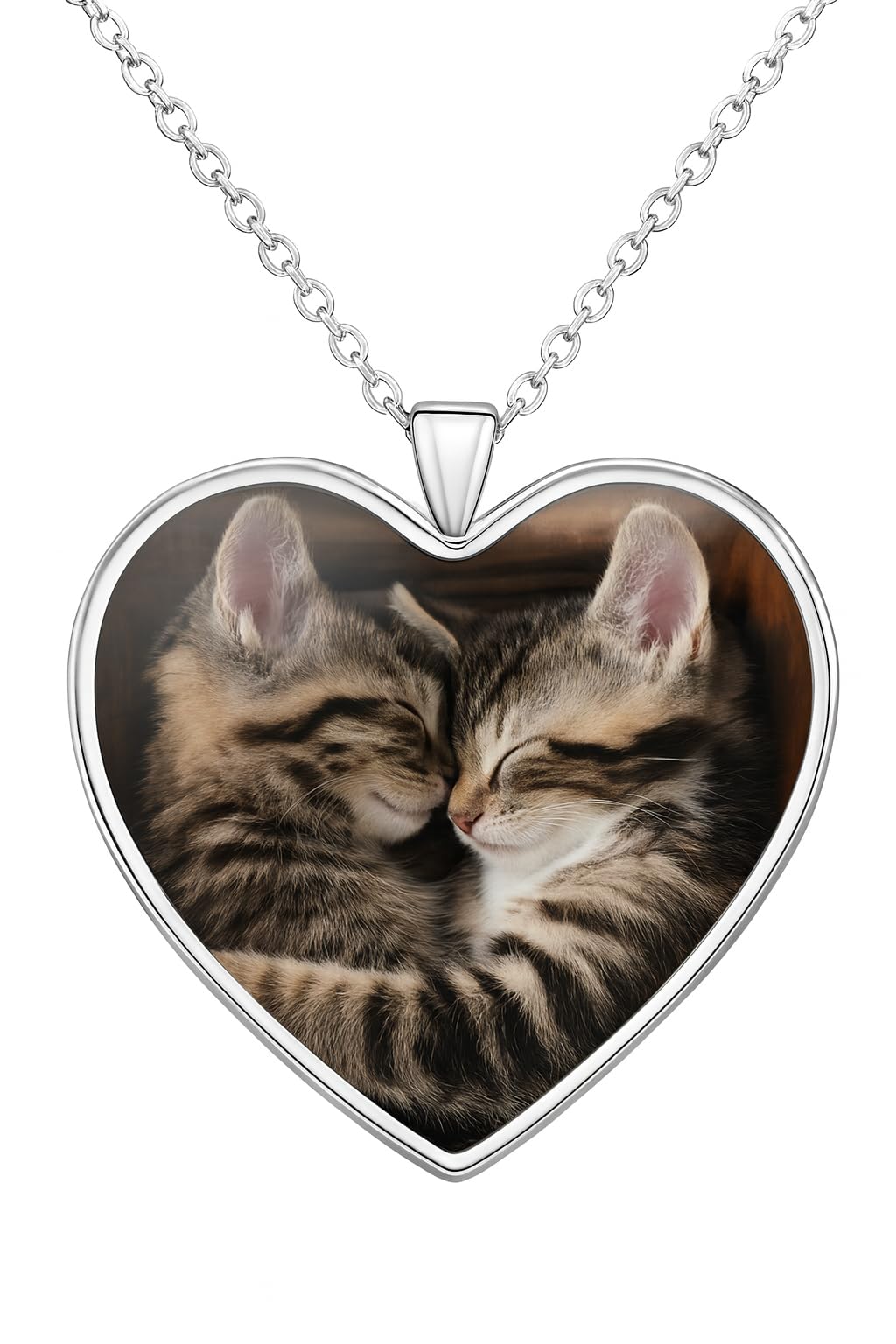 Heart-Shaped Pendant Necklace with Different Animals - Panda, Horse, Deer, Cat, Elephant, Dog Scenic Views, Stainless Steel Necklace with Glass Pendant - Christmas, Holiday, or Birthday Gift (2 Kittens)