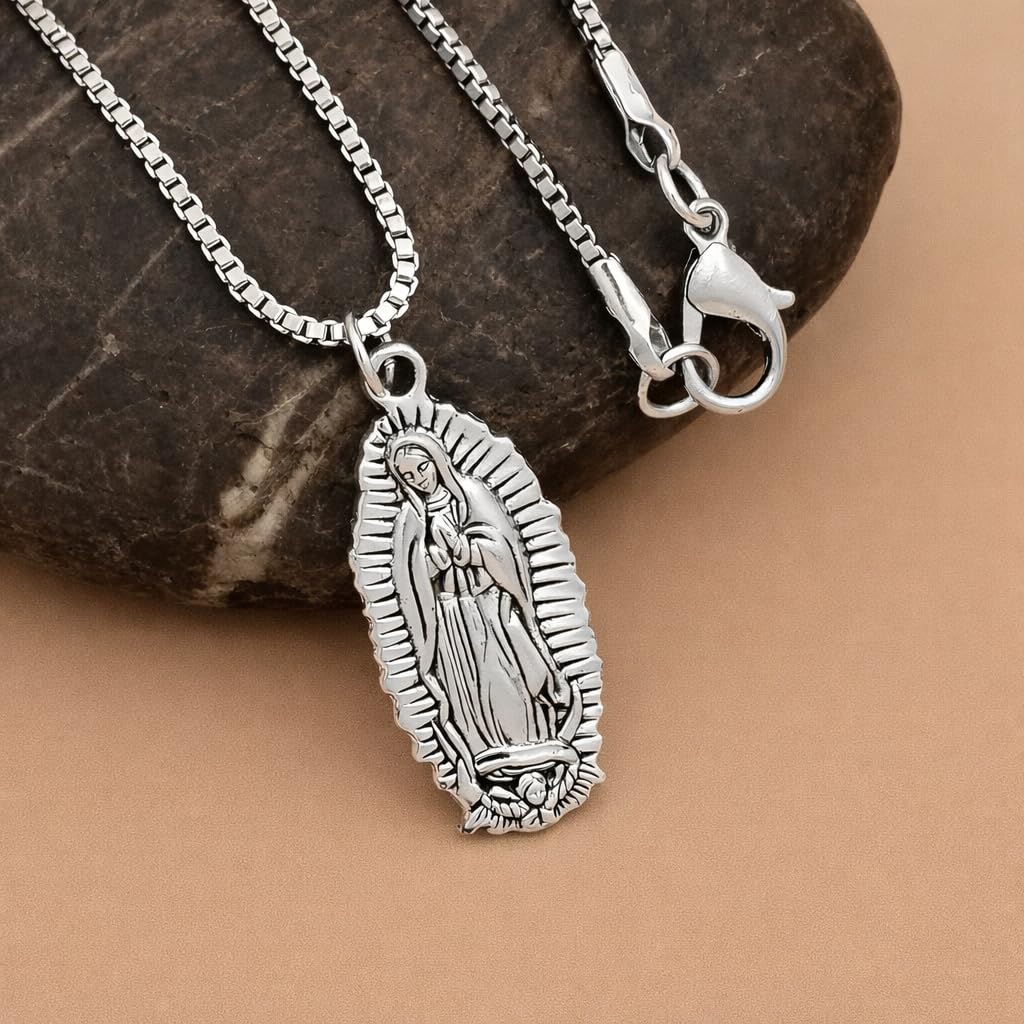 SUPAC Silver Virgin Mary Our Lady of Guadalupe Pendant Necklace, Perfectly Suited for Men and Women, Infusing Style with Spiritual Splendor - Stainless Steel Chain - Christmas or Birthday Gift