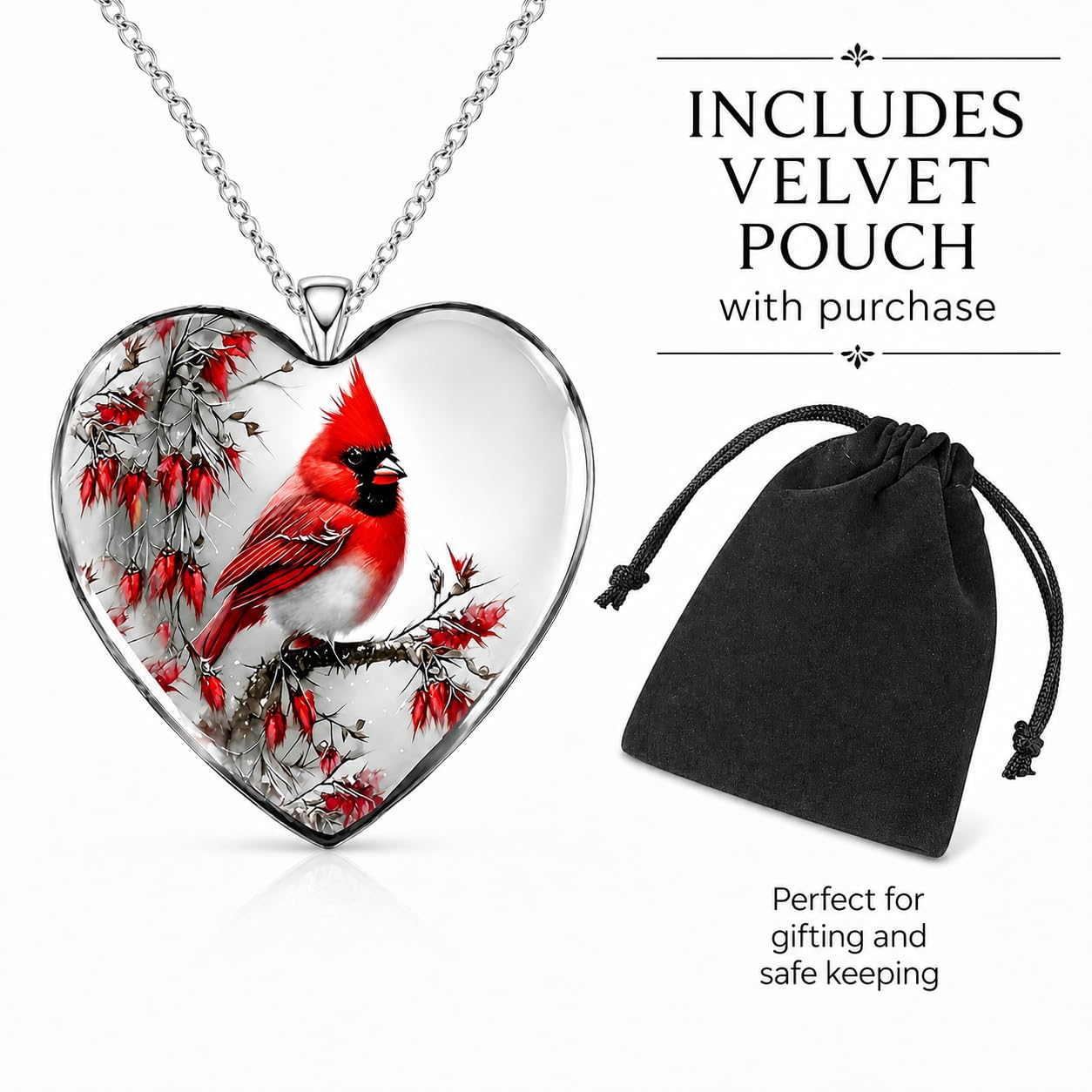 SUPAC Red Cardinal Necklace, Silver-Plated 'I Am Always with You' Inspirational Message, Adjustable - Christmas, Party, or Birthday Gift (Standing Cardinal)