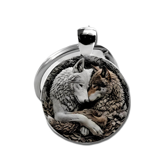 Mountain Sunset Stained Glass Art Keychain, Nature Scene Design, Round Pendant (Wolf Hug)