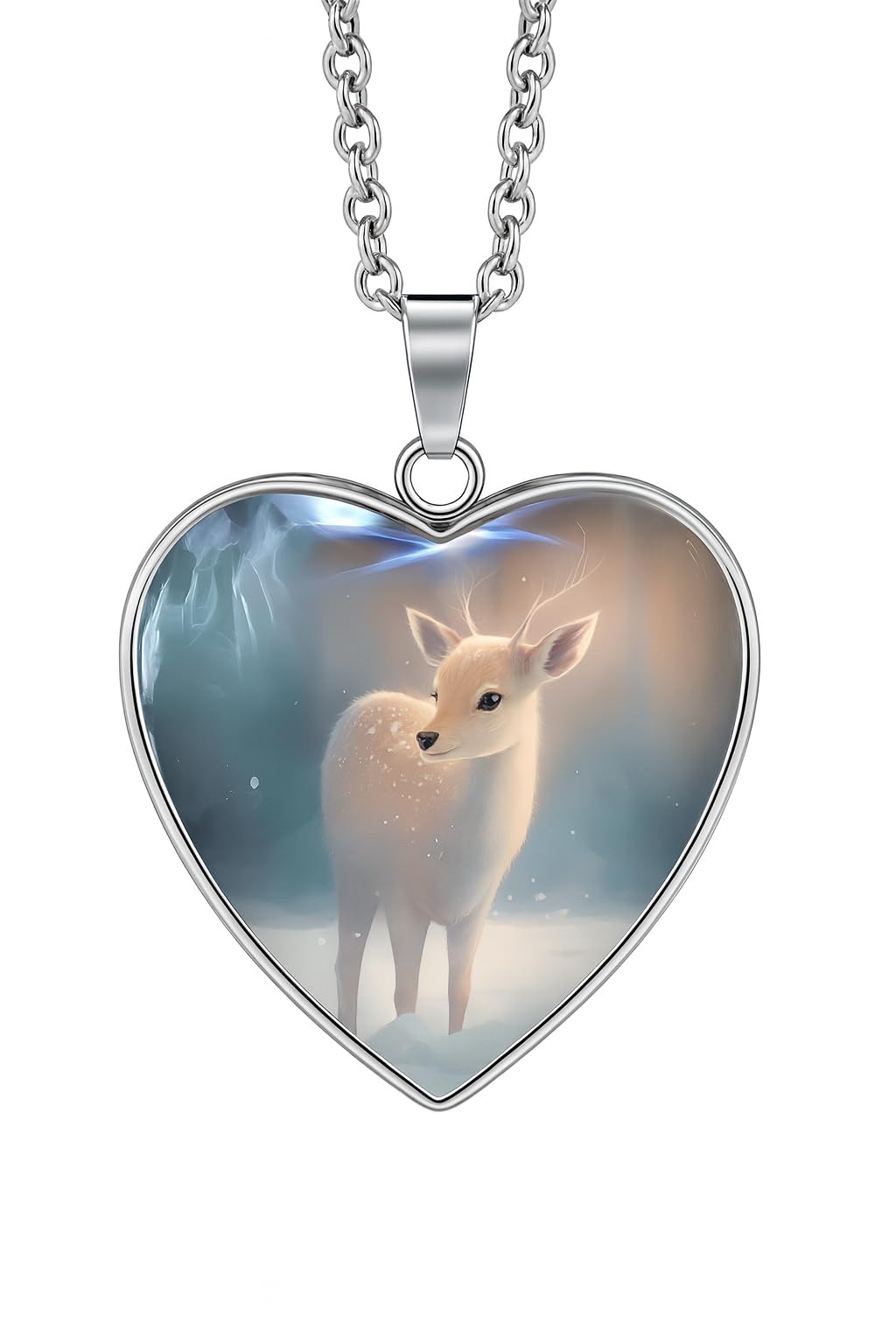 Heart-Shaped Pendant Necklace with Different Animals - Panda, Horse, Deer, Cat, Elephant, Dog Scenic Views, Stainless Steel Necklace with Glass Pendant, 'I Love you Today, Tomorrow, Always' Engraved - Christmas, Holiday, or Birthday Gift (Deer)