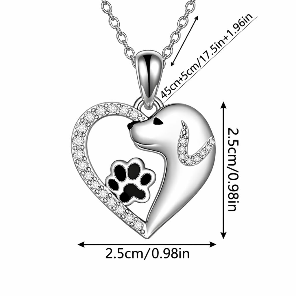 SUPAC Dog Breeds Necklace, German Shepherd, Labrador Retriever, Heart Pendant Necklace, Black and Gold, Crystal Paw Print Design, Dog Lovers Gift