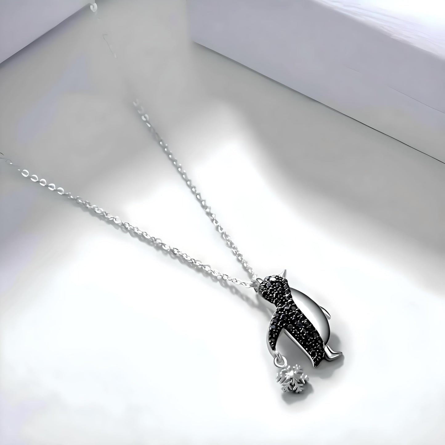 Crystal Penguin Jewelry Set, Silver Necklace and Earrings with Snowflake Charm, Black - Gift for Penguin Lovers