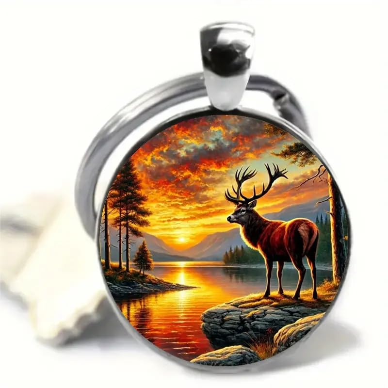 Mountain Sunset Stained Glass Art Keychain, Nature Scene Design, Round Pendant (Rustic Deer & Sunset)