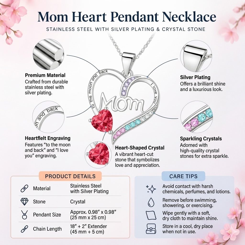 SUPAC Heart Mom Necklace, Sterling Silver Crystal Pendant with Pink Heart Stone, I Love You to the Moon and Back - Mother's Day Gift
