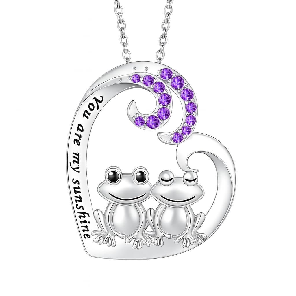 Cute Frog Couple Heart Pendant Necklace, Stainless Steel Chain 19.7 inch, Crystal Accent - Engraved 'You are my sunshine'
