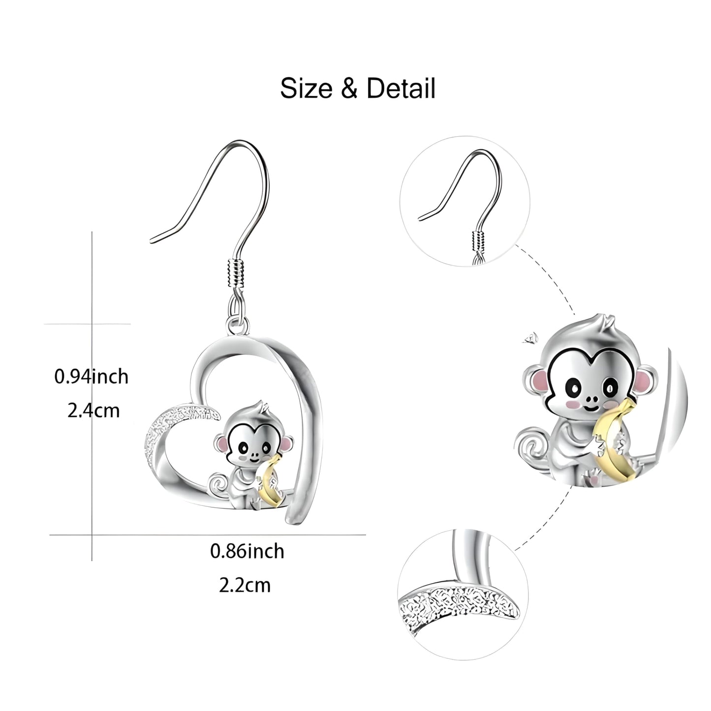 Heart-Shaped Animal Dangle Earrings, Monkey and Koala, Stainless Steel with Rhinestones, Banana Charm, Birthday or Party Gift