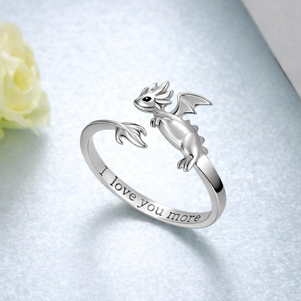 SUPAC Whimsical Silver Flying Dragon Ring - Unique Animal Shape Design, Adjustable Index Finger Ring for Men or Women, Cute Personality Statement Jewelry, Niche Fashion Accessory
