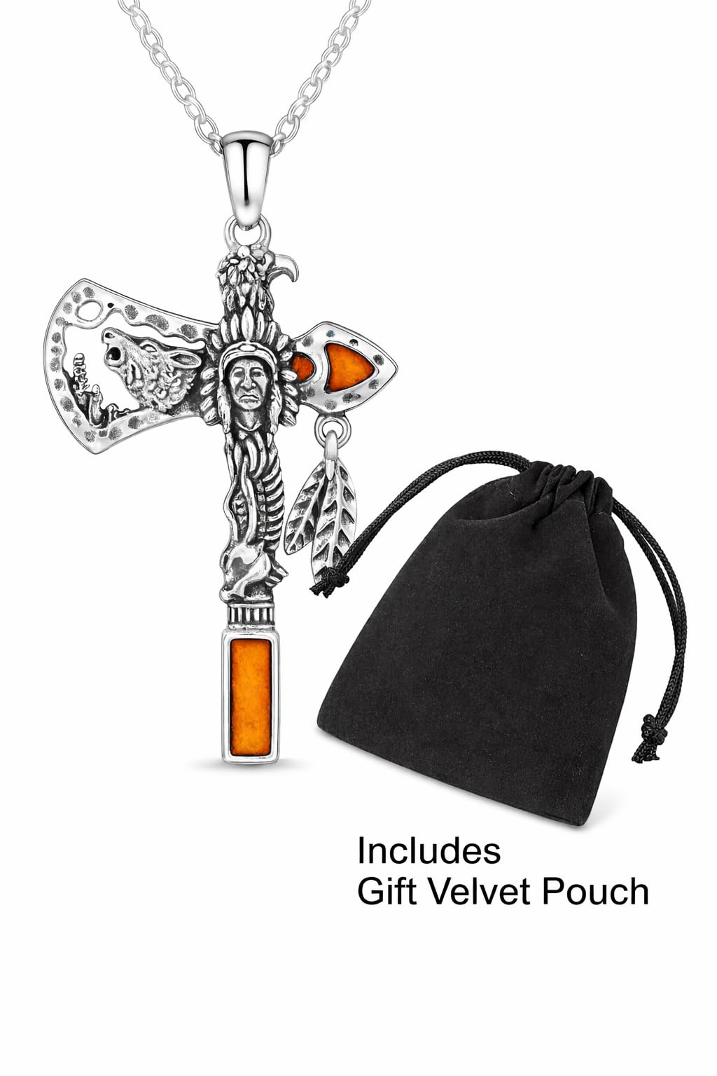 Indian Axe Pendant Necklace, Native American Wolf Design, Stainless Steel Chain