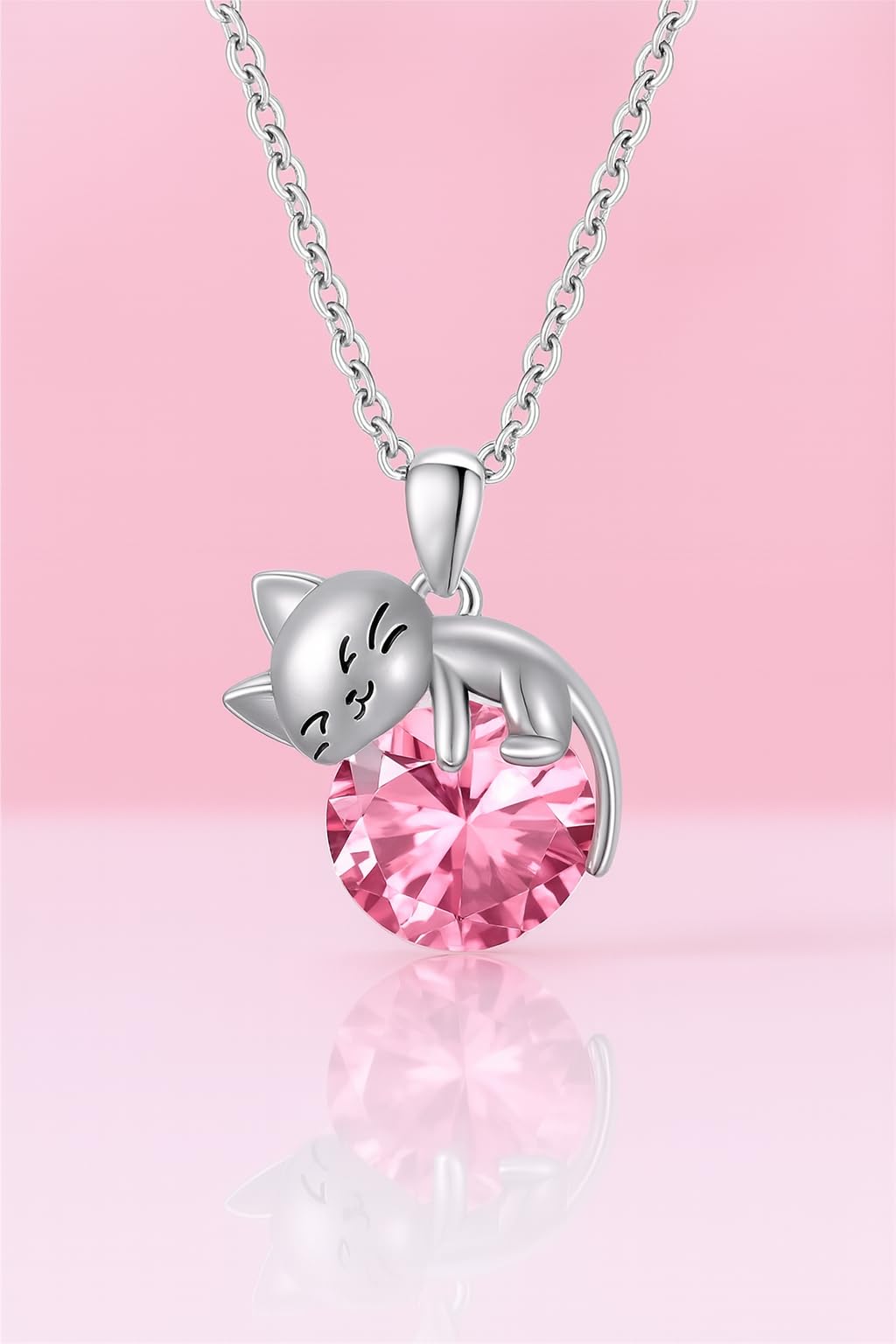 Crystal Cat Pendant Necklace, Silver Chain with Sleeping Cat Design, 17.7 inch Length