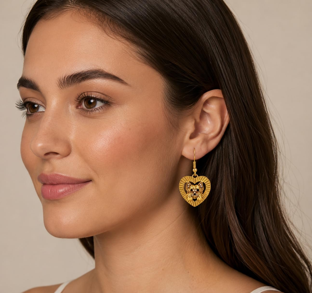 Yorkie Heart Drop Earrings, Gold, Stainless Steel, Crystal Accent, 0.94 x 0.94 in, Dog Lover Jewelry