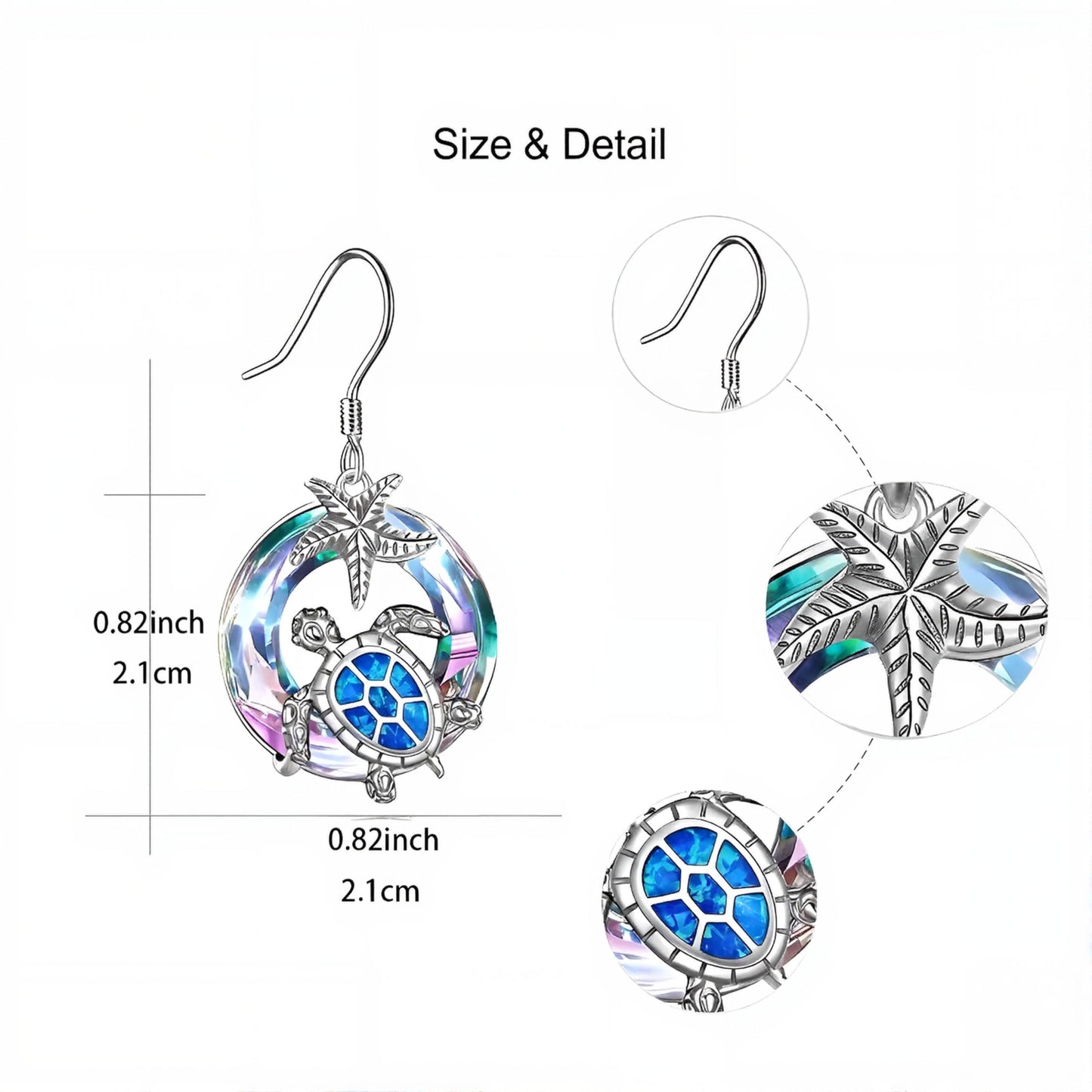 Sea Turtle Jewelry Set with Opal-Effect Blue Crystal, 3 Piece Starfish Pendant Necklace, Earrings Set, Stainless Steel Set