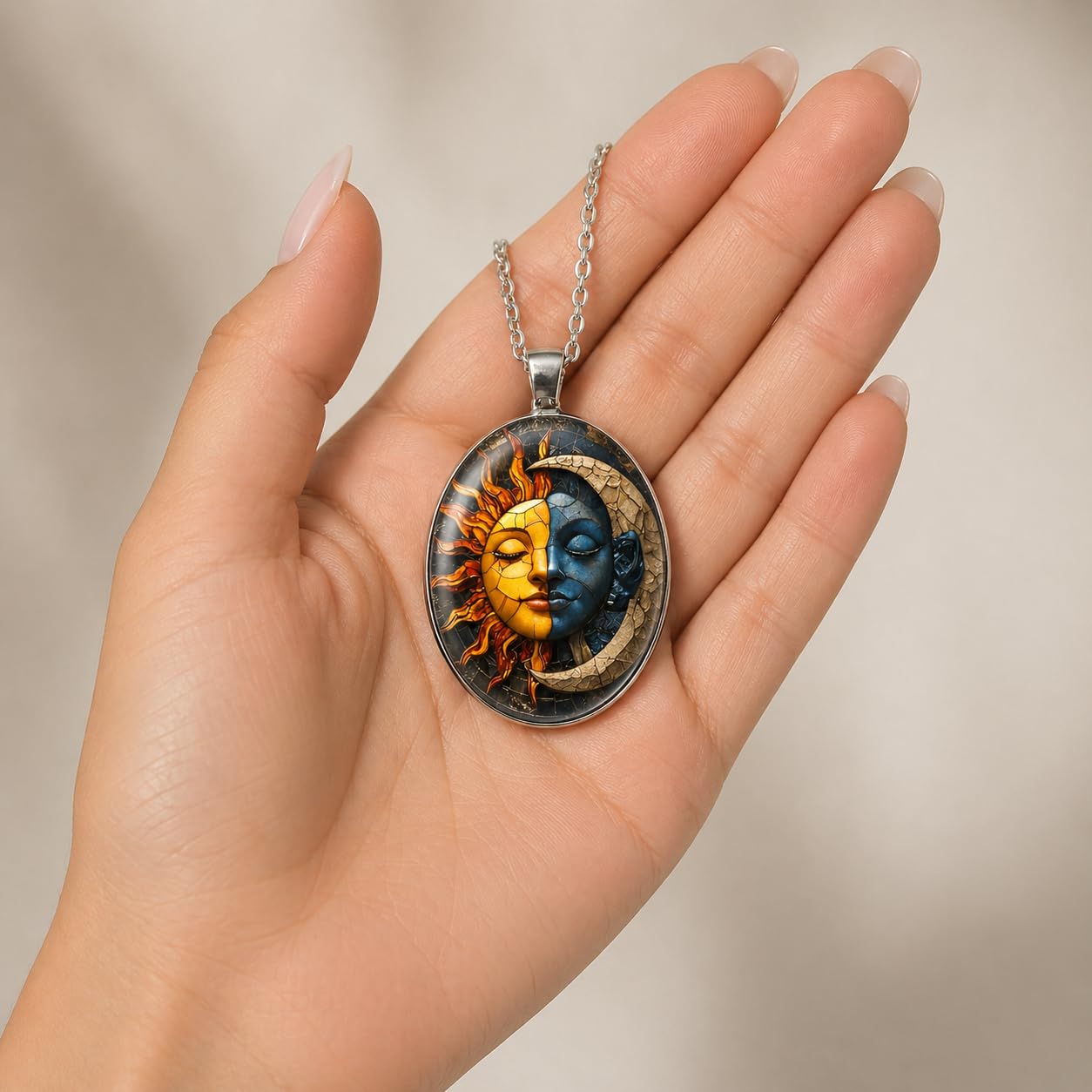 1pc Stunning Round Pendant Necklace - Unique Sun & Moon Pattern, Oil Painting Style Glass Mosaic, Alloy Construction, Trendy Sweater Chain, Fashionable Gift for Women - Christmas or Birthday Gift